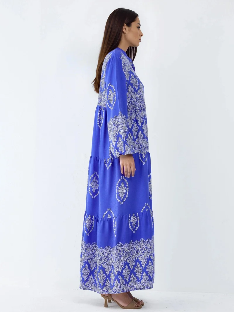 HICCUP Moroccan Blue V-Neck Patterned Maxi Dress with Button Closure for Women | Best Price UAE