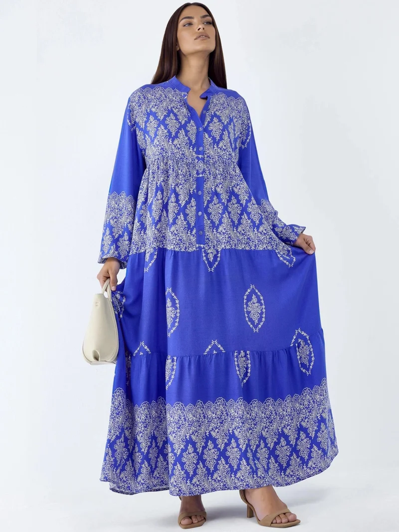 HICCUP V-Neck Patterned Maxi Dress with Button Closure