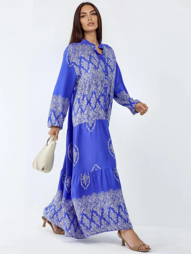 HICCUP V-Neck Patterned Maxi Dress with Button Closure