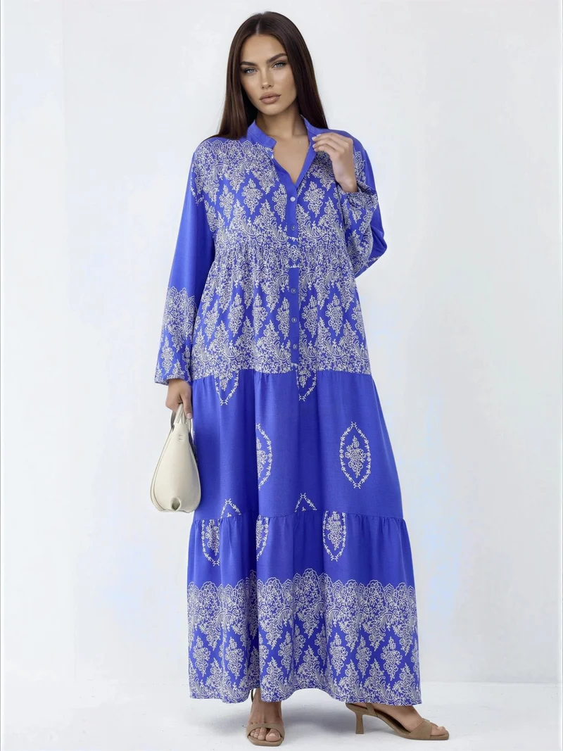 HICCUP Moroccan Blue V-Neck Patterned Maxi Dress with Button Closure for Women | Best Price UAE