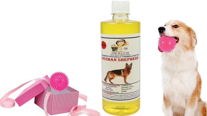 swacch Shampoo | Puppy Safe Shampoo | PH Balanced | Ditch to Itch for German Shepherd Shampoo 500ml (Lemon) + Spike Ball Chew Toy Combo Pack - Image 1