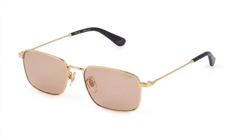 POLICE SPLR73 Col.300Y 56 Square Sunglasses for Men - Gold Full Rim Metal Frame with Light Brown Lenses - Image 1