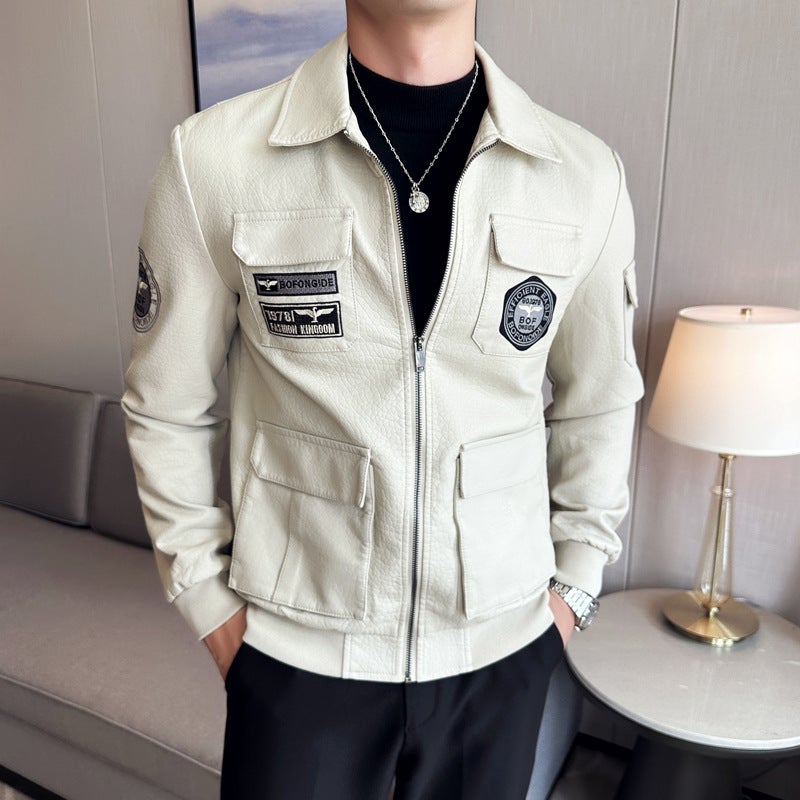 Leather Men'S Spring Men'S Korean Style Slim-Fit Lapel Casual Youth Leather Jacket Fashionable Slim-Fit Biker Jacket For Men - Image 5