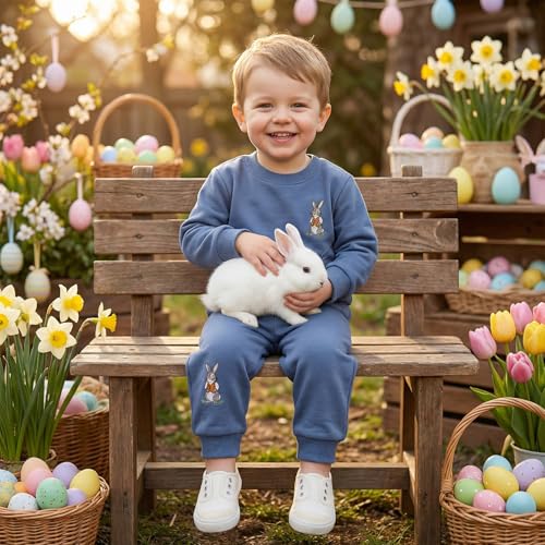 Amnnchya Toddler Baby Boy Girl Easter Outfit Rabbit Sweatshirt Bunny Pants Set Fall Winter Spring Clothes For Boys Girls (Blue, 3-4T) - Image 2