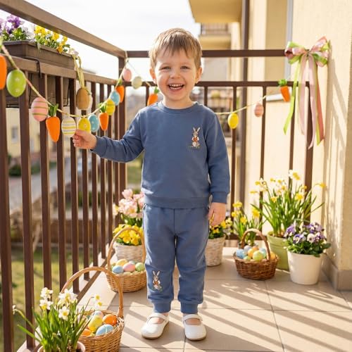 Amnnchya Toddler Baby Boy Girl Easter Outfit Rabbit Sweatshirt Bunny Pants Set Fall Winter Spring Clothes For Boys Girls (Blue, 3-4T) - Image 3