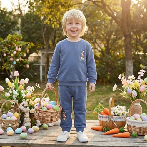 Amnnchya Toddler Baby Boy Girl Easter Outfit Rabbit Sweatshirt Bunny Pants Set Fall Winter Spring Clothes For Boys Girls (Blue, 3-4T) - Image 4