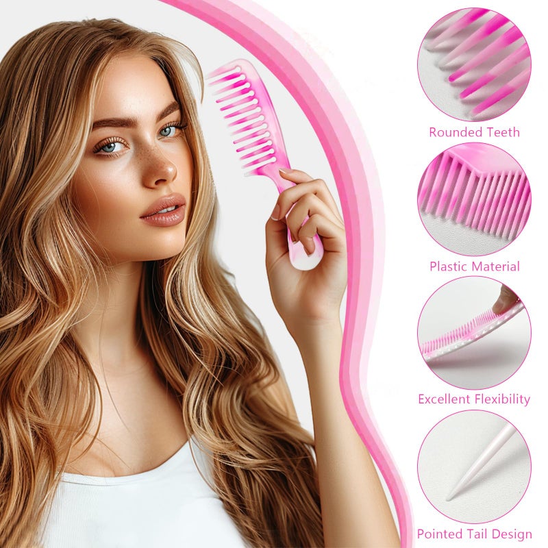 Zoolinn 4 Pcs Unisex Hair Comb Set - Rat Tail, Wide & Fine Tooth and Dual-Sided Combs for Daily Detangling, Pink - Image 5