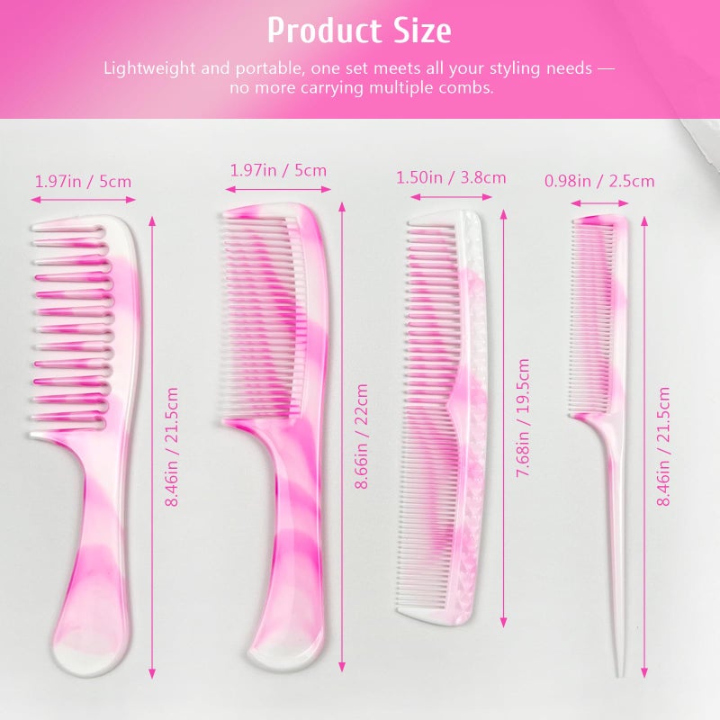 Zoolinn 4 Pcs Unisex Hair Comb Set - Rat Tail, Wide & Fine Tooth and Dual-Sided Combs for Daily Detangling, Pink - Image 4
