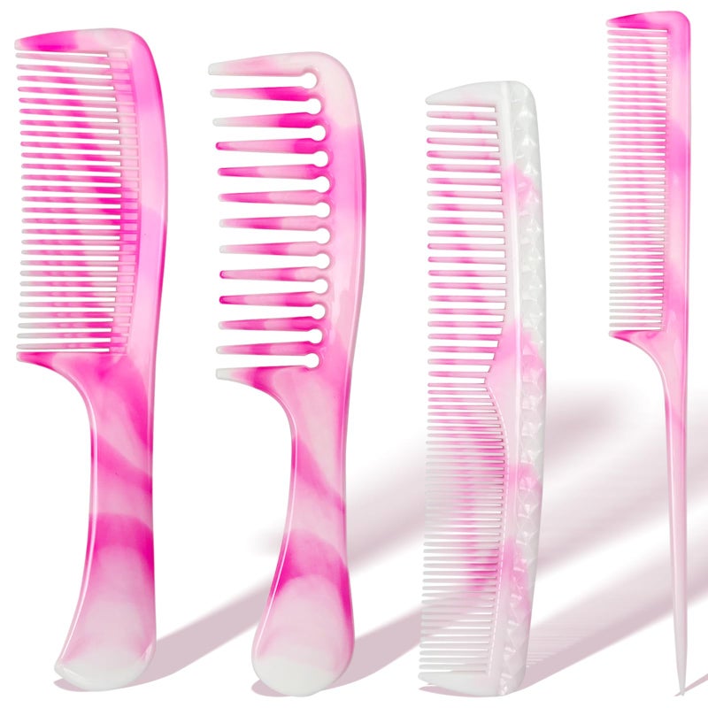 Zoolinn 4 Pcs Unisex Hair Comb Set - Rat Tail, Wide & Fine Tooth and Dual-Sided Combs for Daily Detangling, Pink - Image 1