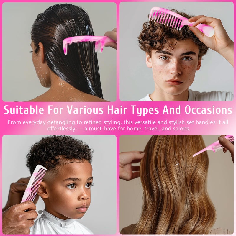 Zoolinn 4 Pcs Unisex Hair Comb Set - Rat Tail, Wide & Fine Tooth and Dual-Sided Combs for Daily Detangling, Pink - Image 2