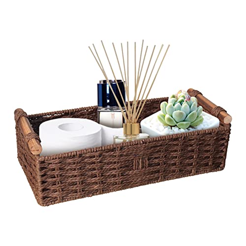 STOBSK Round Paper Rope Storage Basket Wicker for Organizing with Handle, Decorative Bins Countertop Toilet Paper for Tank Top Small Set, Brown - Image 1