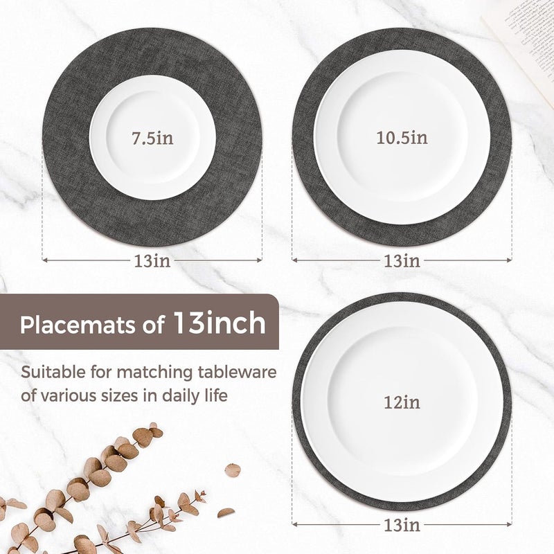 NCUE 13"Round Placemats Set of 8, Reversible Faux Leather Heat Resistant Table Mats, 100% Waterproof Oilproof Wipeable Table Protective Placemats for Vinyl, Washable for Indoor & Outdoor Use (8, Deep Gray) - Image 2