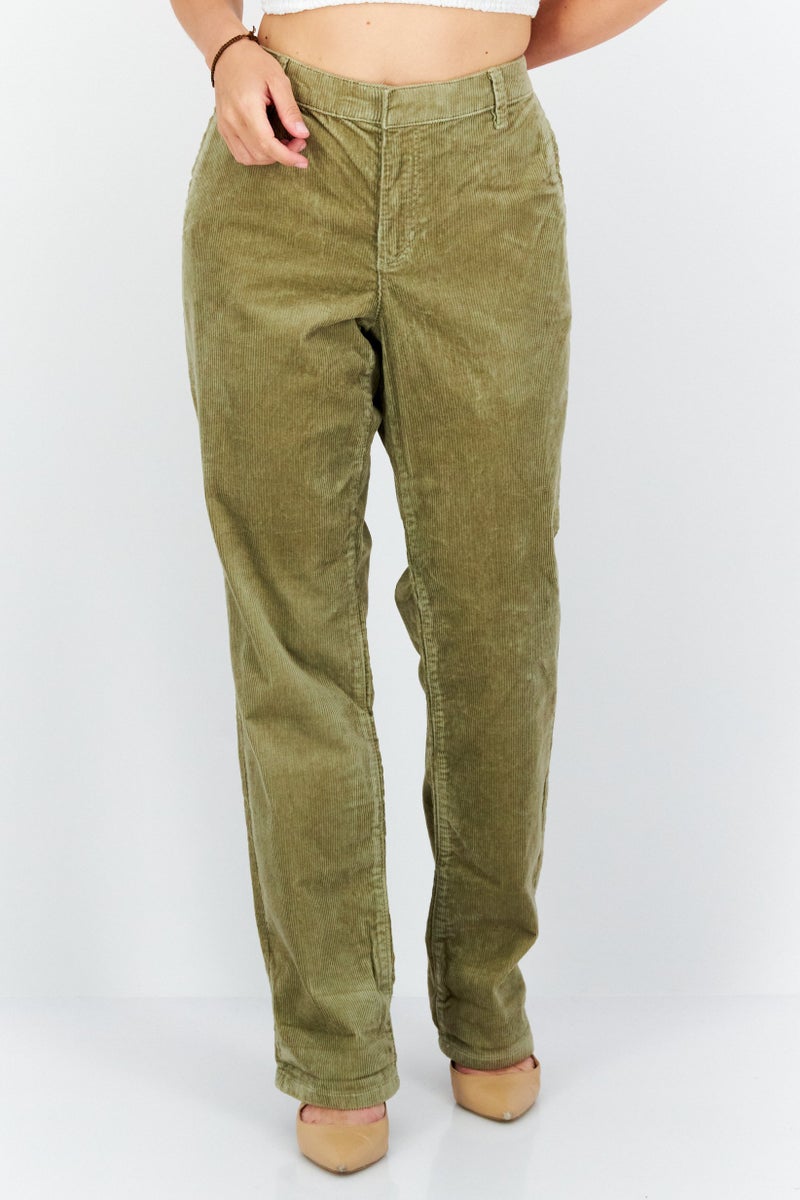 ESPRIT Women Regular Fit Ribbed Straight Pant, Light Olive  - Image 1