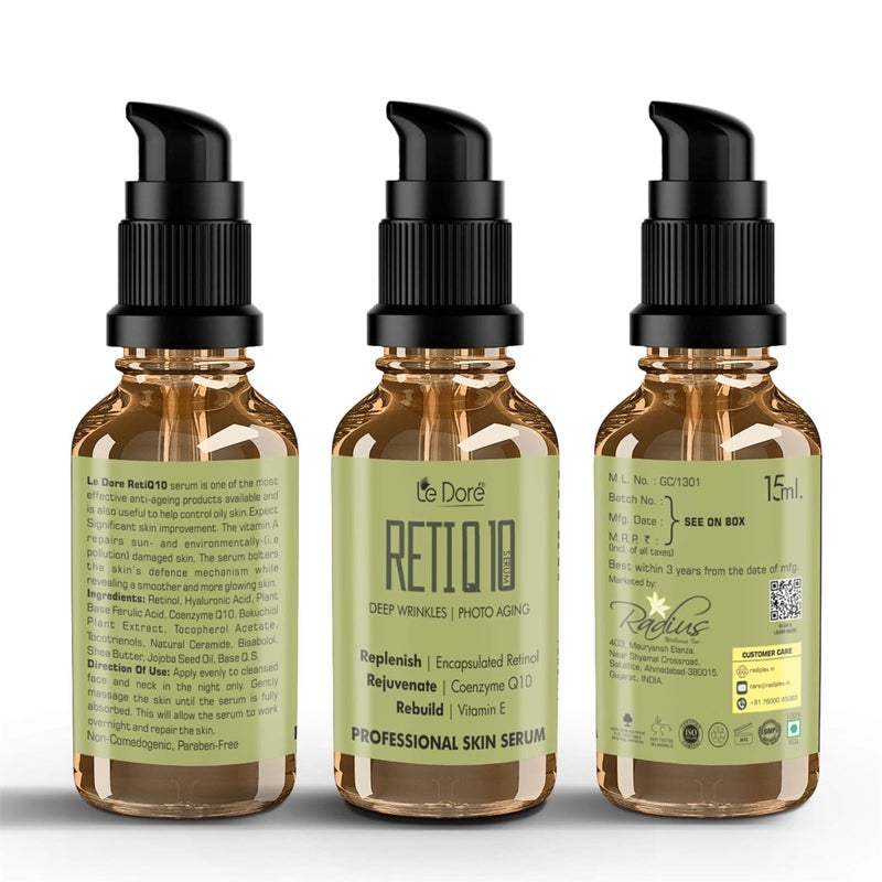 Le Dore RetiQ10 Encapsulated Retinol 1 Serum Advanced AntiAging Collagen Boost With CoQ10 Vitamin E Hyaluronic Acid Bakuchiol Ceramide Reduces Wrinkles Enhances Glow 15ml - Image 2