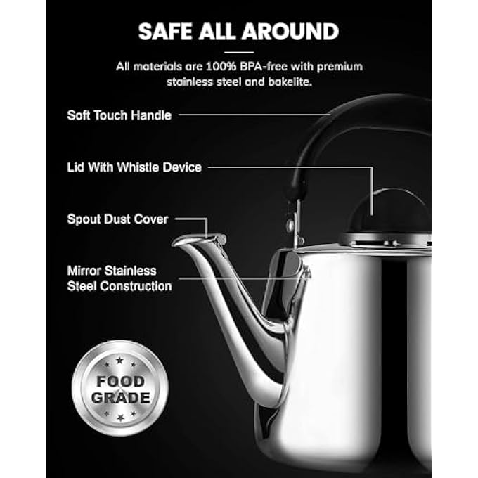 MedMad Whistling Tea Pots For Stove Top  Food Grade Stainless Steel Teapot  Classic Stovetop Kettle With Universal Base Cool Grip Bakelite Handle 3 L - Image 3