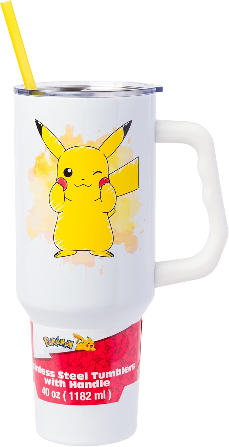 Silver Buffalo Pokémon Stainless Steel Tumbler with Handle Featuring Pikachu, Fits in Standard Cup Holder, 40 Ounces - Image 1
