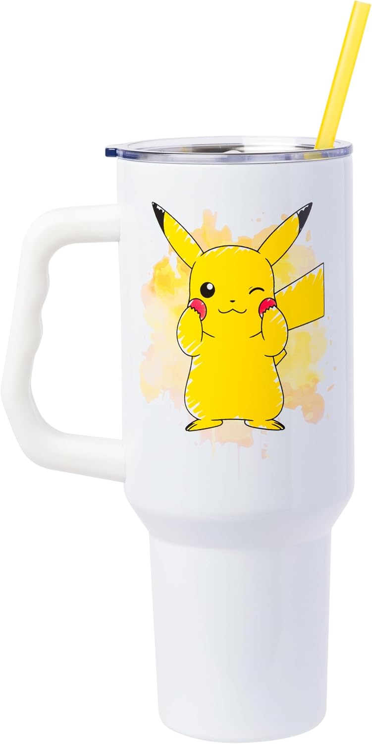 Silver Buffalo Pokémon Stainless Steel Tumbler with Handle Featuring Pikachu, Fits in Standard Cup Holder, 40 Ounces - Image 3