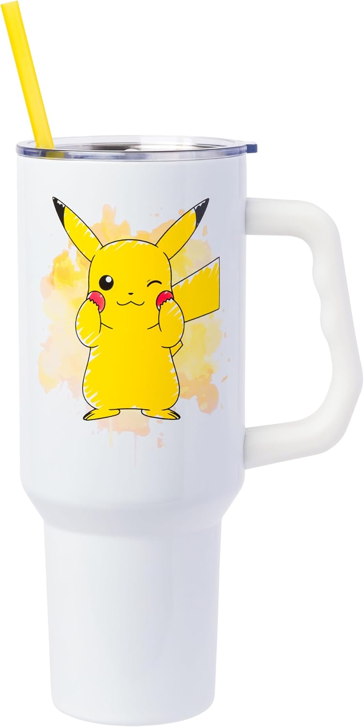 Silver Buffalo Pokémon Stainless Steel Tumbler with Handle Featuring Pikachu, Fits in Standard Cup Holder, 40 Ounces - Image 2