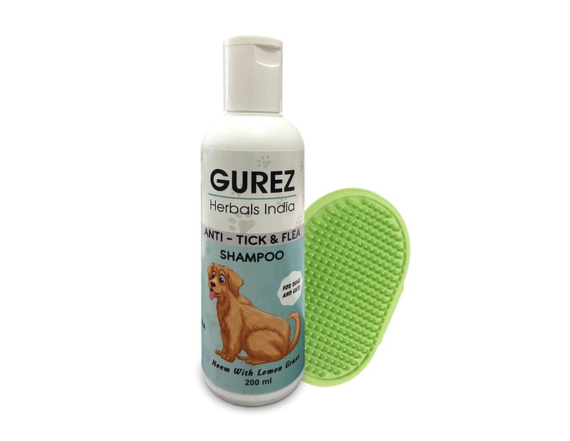 Gurez Herbals India Pet Shampoo for Dogs and Cats of All Breeds Repellent Lice Tick and Flea Anti-itching Dog Shampoo Made with Natural Neem and Lemon Grass (200 ml with Brush) - Image 1
