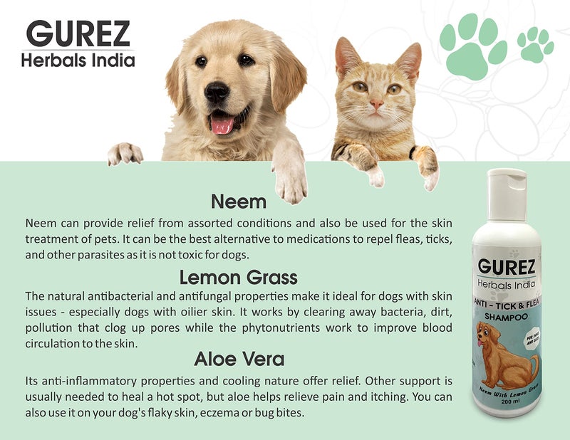Gurez Herbals India Pet Shampoo for Dogs and Cats of All Breeds Repellent Lice Tick and Flea Anti-itching Dog Shampoo Made with Natural Neem and Lemon Grass (200 ml with Brush) - Image 2