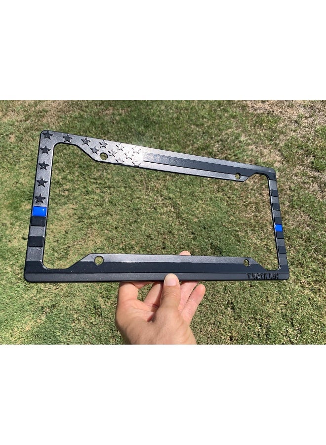 TACTILIAN American Flag License Plate Frame - Subdued 3D Embossed USA Flag in Black Gloss on Matte Finish for Car, Truck or SUV (Thin Blue Line) - Image 3