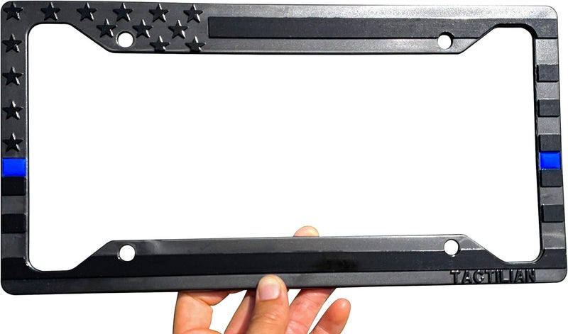 TACTILIAN American Flag License Plate Frame - Subdued 3D Embossed USA Flag in Black Gloss on Matte Finish for Car, Truck or SUV (Thin Blue Line) - Image 1