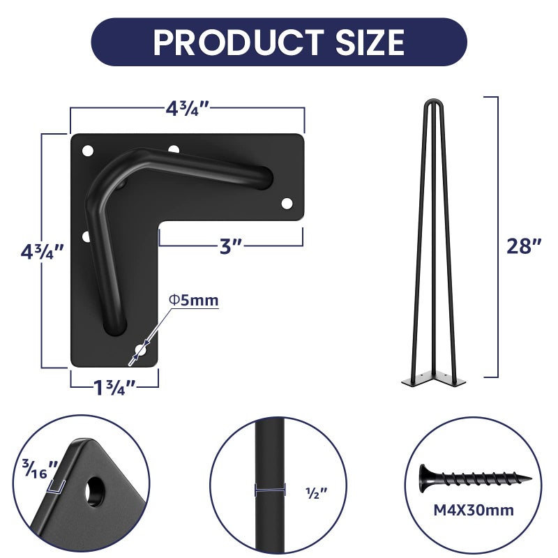 SMARTSTANDARD 28 Inch Hairpin Table Legs, 3 Steel Rods 1/2 Inch Pipe Diameter, 800lbs Load Capacity, Mid-Century Style for Coffee Table, Side Table, Night Stand (Black, 4PCS) - Image 3