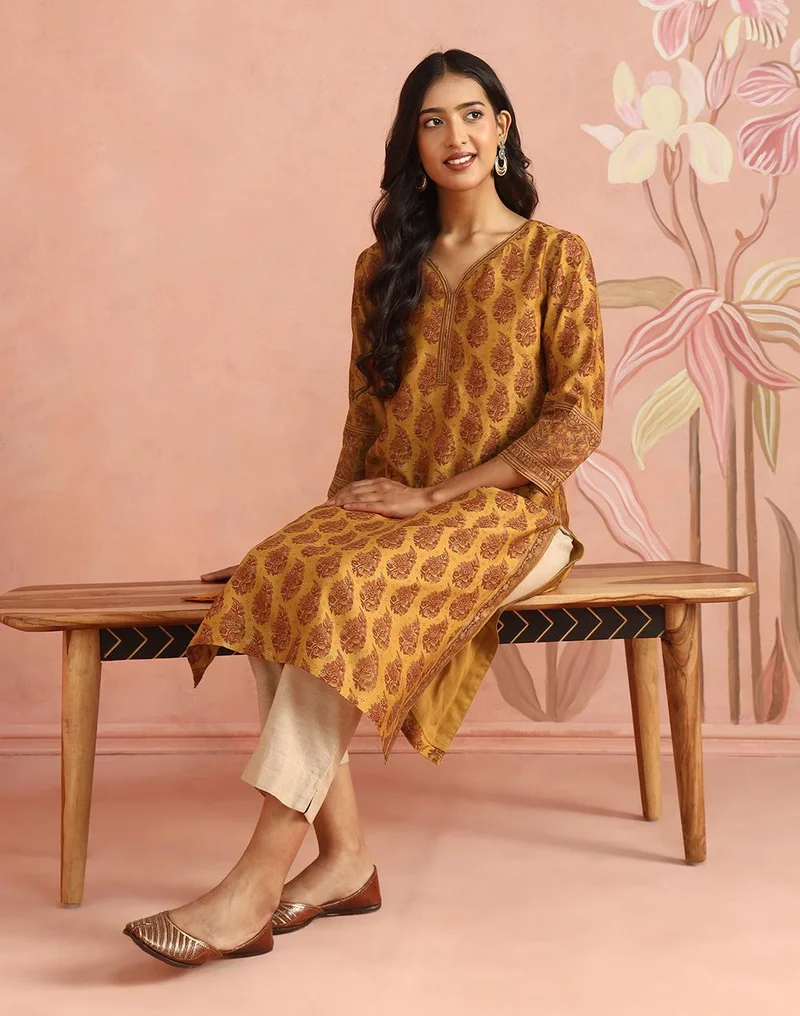 فاب انديا Yellow Cotton Silk Hand Block Printed Slim Fit Long Kurta