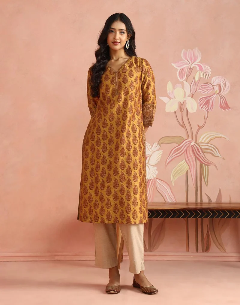 فاب انديا Yellow Cotton Silk Hand Block Printed Slim Fit Long Kurta
