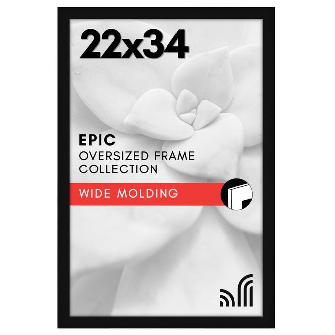 22X34 POSTER FRAME WITH POLISHED PLEXIGLASS BLACK PICTURE FRAME WIDE PHOTO FRAMES MADE OF ENGINEERED WOOD FOR VERTICAL OR HORIZONTAL WALL DISPLAY EPIC COLLECTION BLACK