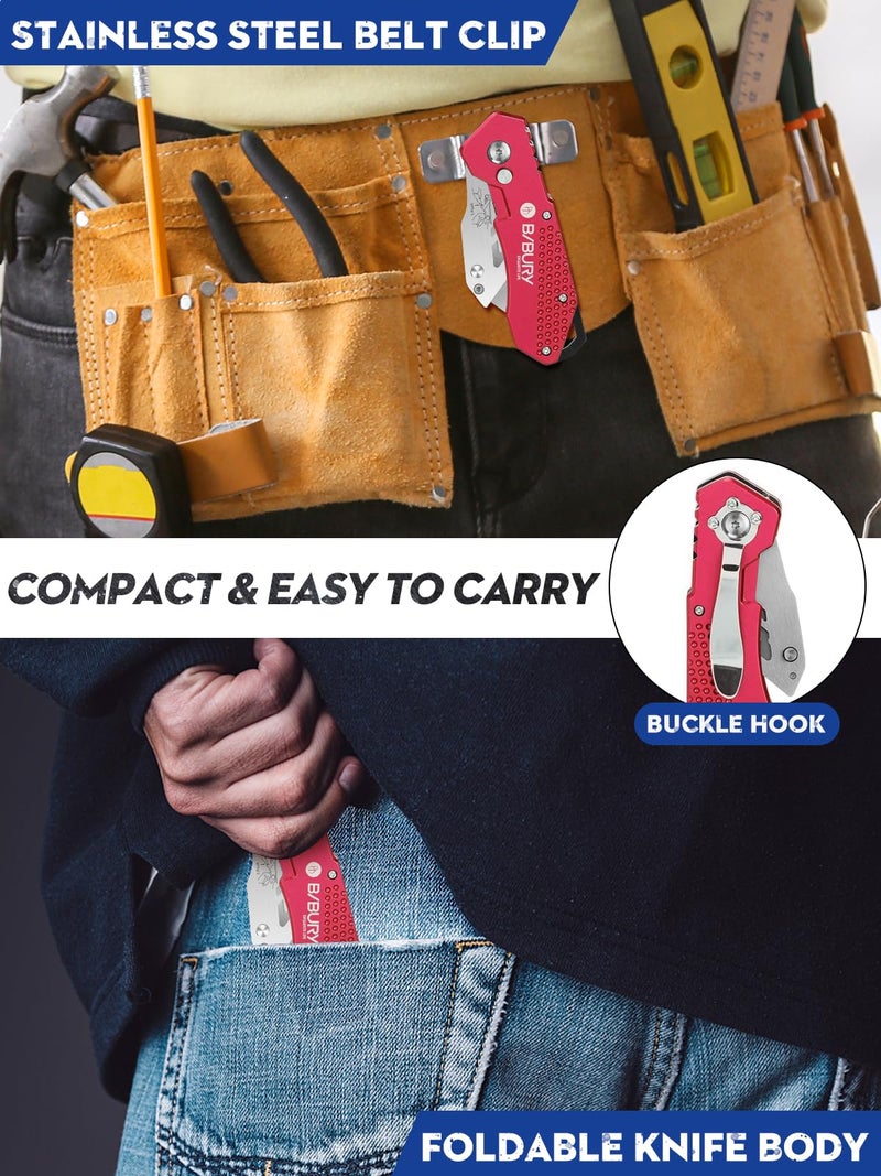 BIBURY سكين متعددة الاستخدامات، نسخة مطورة من BIBURY، قاطع صناديق ثقيل، سكين سجادة محمولة مع 10 شفرات قابلة للاستبدال من الفولاذ المقاوم للصدأ SK5، مشبك حزام، زر تحرير سهل، تغيير سريع وقفل أمان - أحمر - Image 4