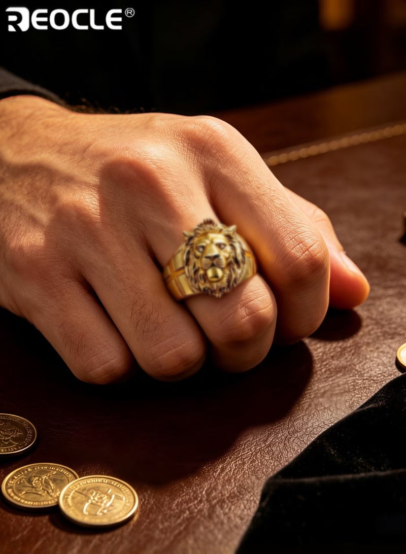 REOCLE Men's Gold Lion Head Ring Lion Ring with Rhinestones Crystal Eye Heavy Metal Rock Punk Style Biker Ring Lion Ring Punk Animal Lion Jewelry Gift for Boys - Image 3