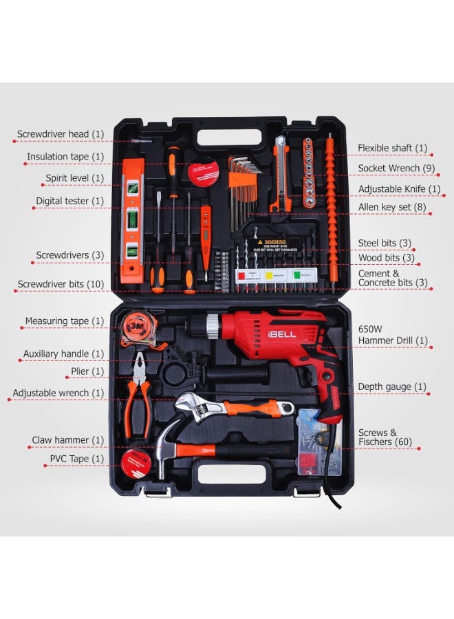 iBELL 650W Impact Drill Machine Kit with 115 Accessories | 13mm Automatic Chuck | Variable Speed | Forward/Reverse | BMC Box | Wood, Metal & Concrete Drilling | Home DIY Tool Set - Image 2