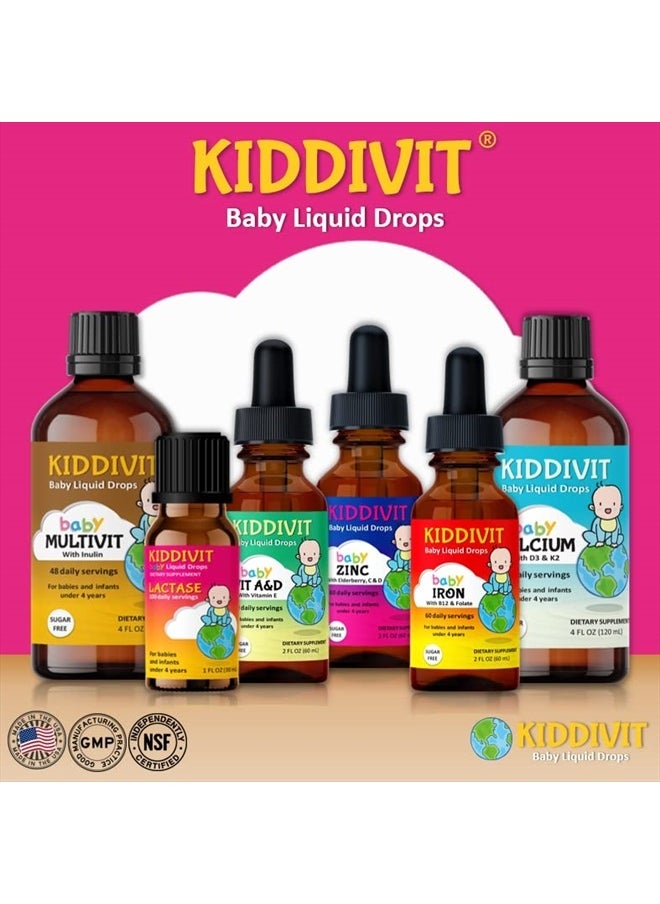Kiddivit - قطرات كالسيوم سائلة للأطفال مع فيتامين د3 وك2 - 24 جرعة يومية، 4 أونصة سائلة (120 مل) - مدعمة بالإينولين (بريبايوتيك، ألياف غذائية) - خالية من السكر، وخالية من الجلوتين، ومناسبة للنباتيين - Image 1