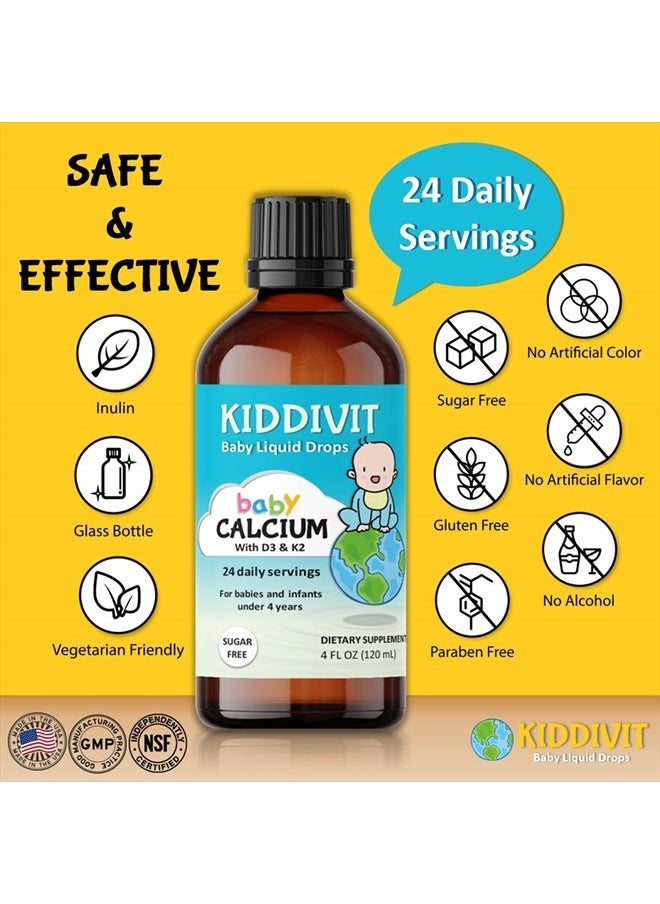 Kiddivit - قطرات كالسيوم سائلة للأطفال مع فيتامين د3 وك2 - 24 جرعة يومية، 4 أونصة سائلة (120 مل) - مدعمة بالإينولين (بريبايوتيك، ألياف غذائية) - خالية من السكر، وخالية من الجلوتين، ومناسبة للنباتيين - Image 1