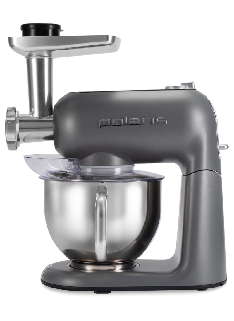 Polaris - Stand Mixer with 3 stainless steel attachments whips and mixes ingredients, kneads dough.  The attachments can be washed in a dishwasher. The set includes a 5.5-liter steel bowl with a handle and a transparent lid. The kneading attachment is ideal for kneading dough for bread, pizza, cookies, dumplings, pancakes, and more. It's a real dough mixer for your home! This kitchen machine has 6 speeds, which allows you to select the optimal operating speed for each type of task. PROtect+ overheating protection system guarantees safe operation and a long service life of the device. - Image 1