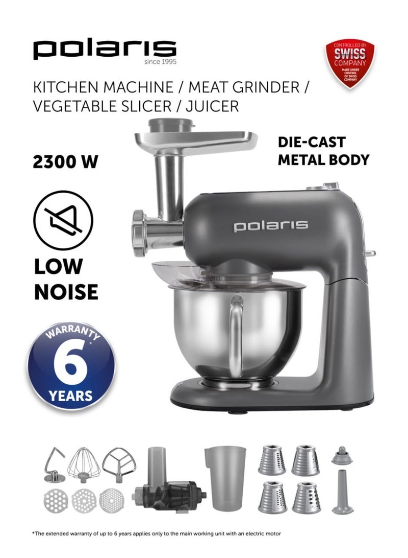 Polaris PKM 2203L 6-in-1 Kitchen Machine | 6 L Stainless Steel Bowl | Mixer, Meat Grinder, Juicer & Vegetable Slicer | 6 Speeds + Pulse | Counter-Rotating Planetary Mixing for Even Results - Image 1