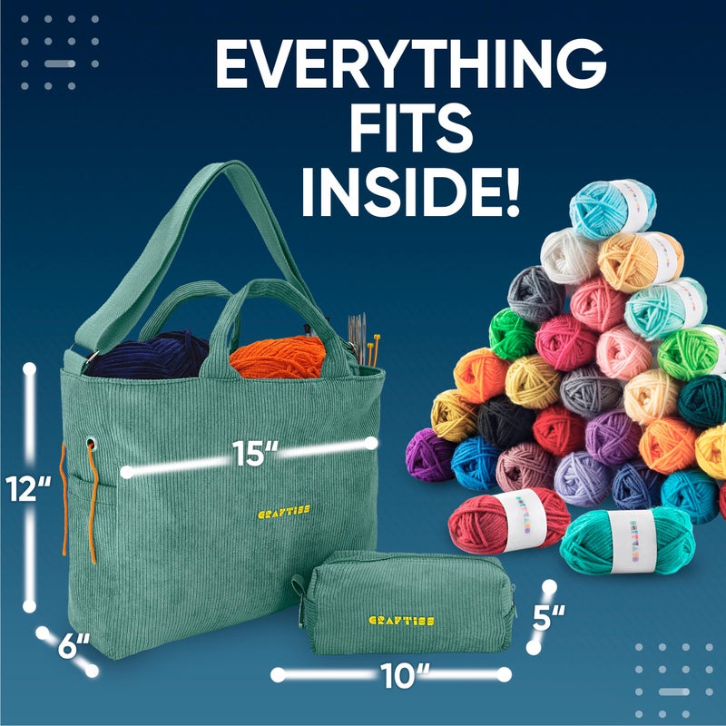 CRAFTISS Crochet Bag Yarn Storage - Knitting Gift - Durable Corduroy Yarn Bag for Crochet Accessories - Organizer with Knitting Accessories Case (Green) - Image 3