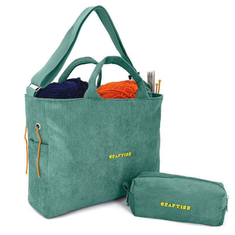 CRAFTISS Crochet Bag Yarn Storage - Knitting Gift - Durable Corduroy Yarn Bag for Crochet Accessories - Organizer with Knitting Accessories Case (Green) - Image 1