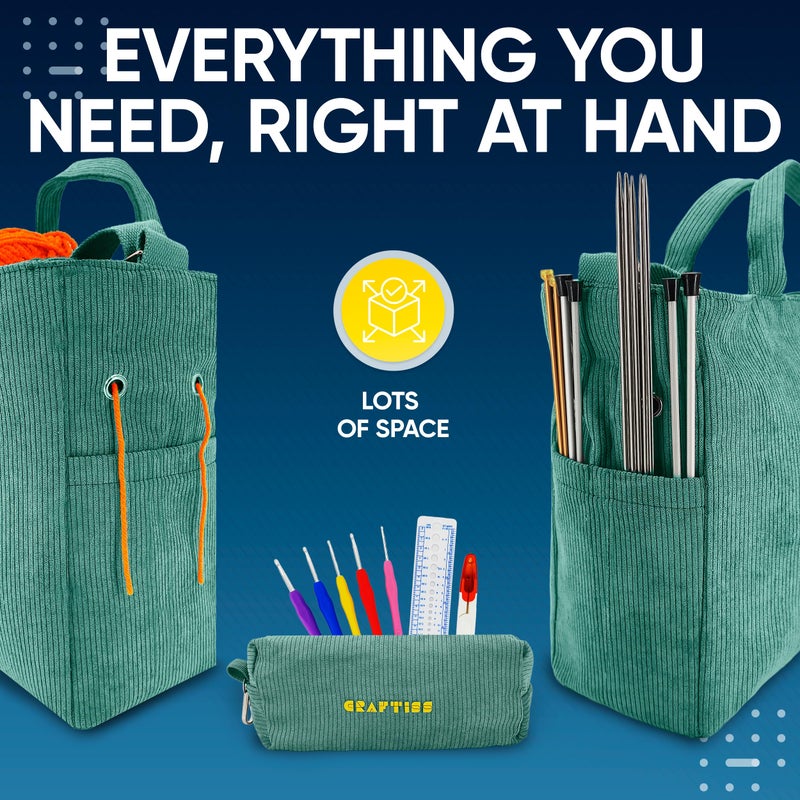 CRAFTISS Crochet Bag Yarn Storage - Knitting Gift - Durable Corduroy Yarn Bag for Crochet Accessories - Organizer with Knitting Accessories Case (Green) - Image 5