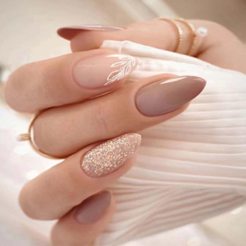 YoYoee Short Nude Nails Tips French False Nails Almond Press on Nails Full Cover Glitter Fake Nails for Women and Girls 24PCS - Image 1