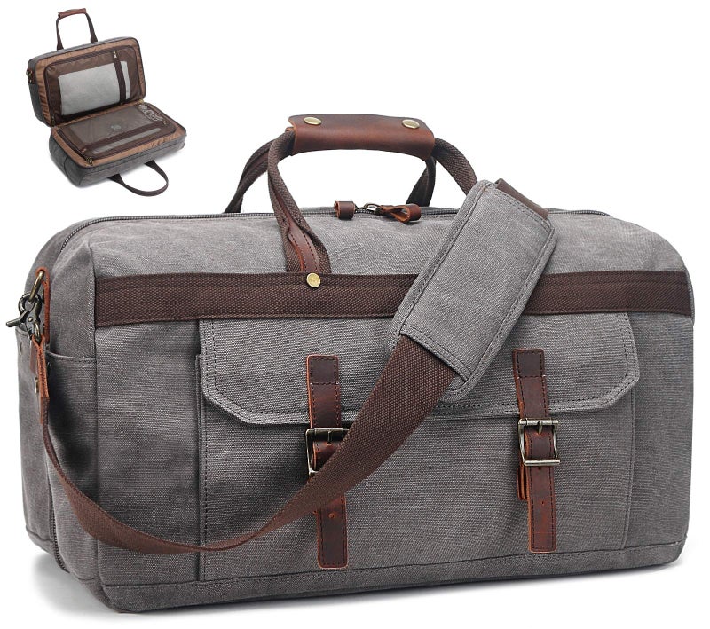 Duffle Bag for Men Waterproof Genuine Leather Canvas Travel Duffel Bags for Women Overnight Weekender Bag for Traveling Grey