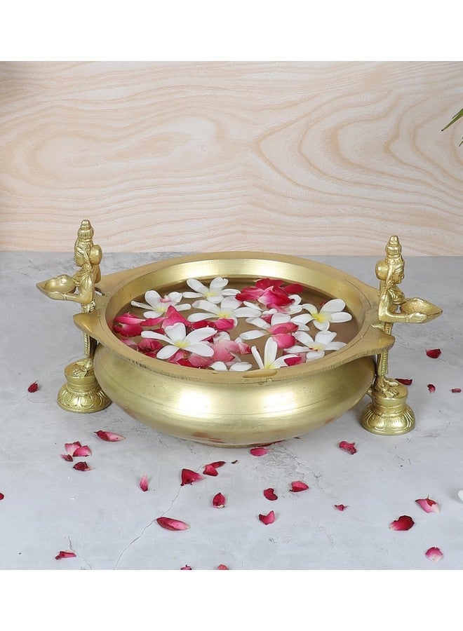Two Moustaches Deep Laksmi Design Brass Traditional Urli Bowl Decor Showpiece, Uruli for Flower Decoration, Brass Urli Bowl for Home Decor, Antique Yellow, Standard, Pack of 1 - Image 1