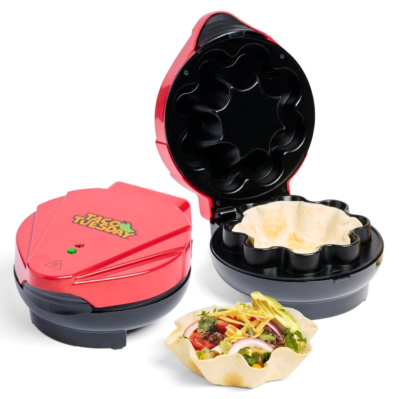 Nostalgia Taco Tuesday Tortilla Bowl Maker For Baked Taco Bowls, Tostadas, Salads, Dips, Appetizers, and Desserts, 8 to 10 Inch Tortillas, Red - Image 1