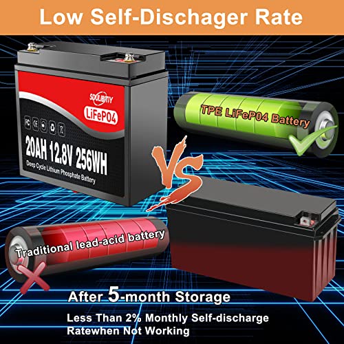 SDULIBITIY 12 Volt 20Ah Lithium Battery LiFePO4 12V LiFePO4 Battery 2000+ Deep Cycle Rechargeable Built-in BMS Battery Perfect for Kids Scooters, Fish finder, Solar, Off-Grid Applications - Image 3
