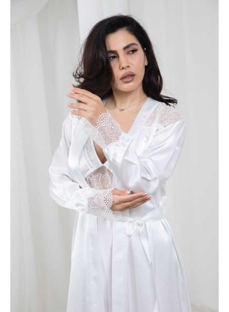 طقم روب طويل وقميص نوم ساتان – أبيض (قطعتين) - Image 1