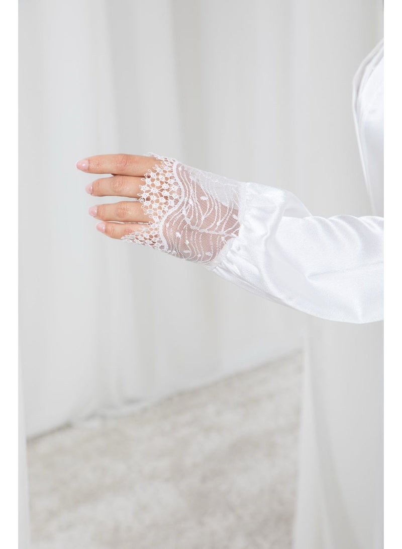 طقم روب طويل وقميص نوم ساتان – أبيض (قطعتين) - Image 3