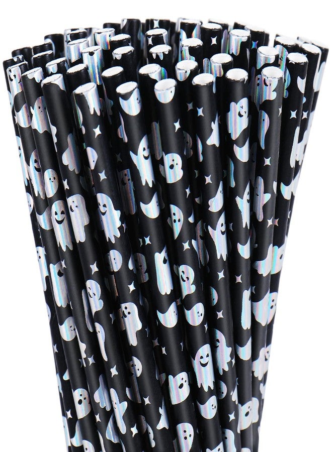 Whaline شعيرات ورقية هالوين من واهلين 200 قطعة، شعيرات قابلة للتصرف بتصميم شبح لامع باللونين الأسود والفضي لمستلزمات حفلات الهالوين المخيفة - Image 1