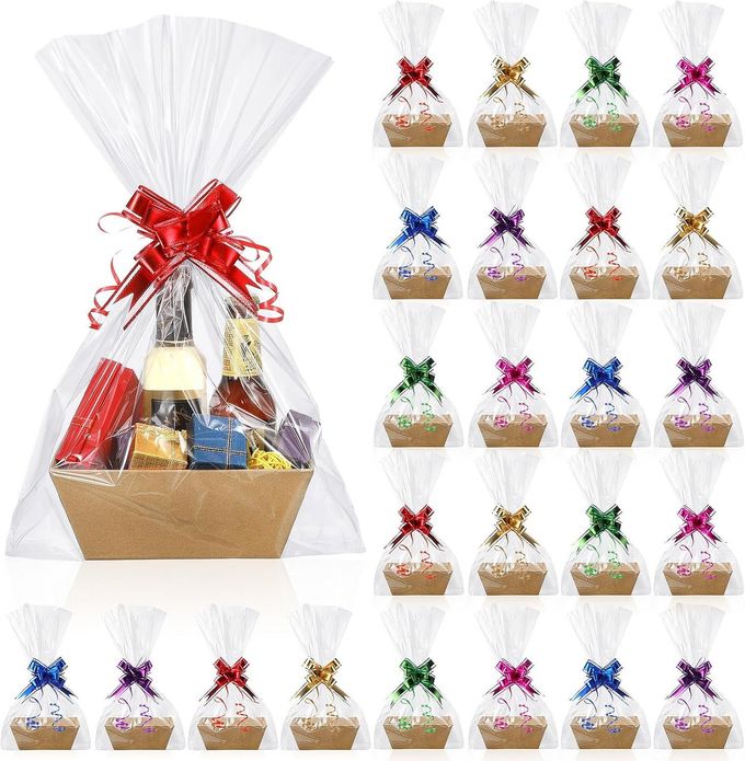 24 SETS GIFT BASKETS EMPTY KIT WITH 8 X 6 X 3 INCHES KRAFT TRAY CARDBOARD BASKET PLASTIC BAGS AND MULTICOLOR BOWS FOR CHRISTMAS WEDDING BIRTHDAY
