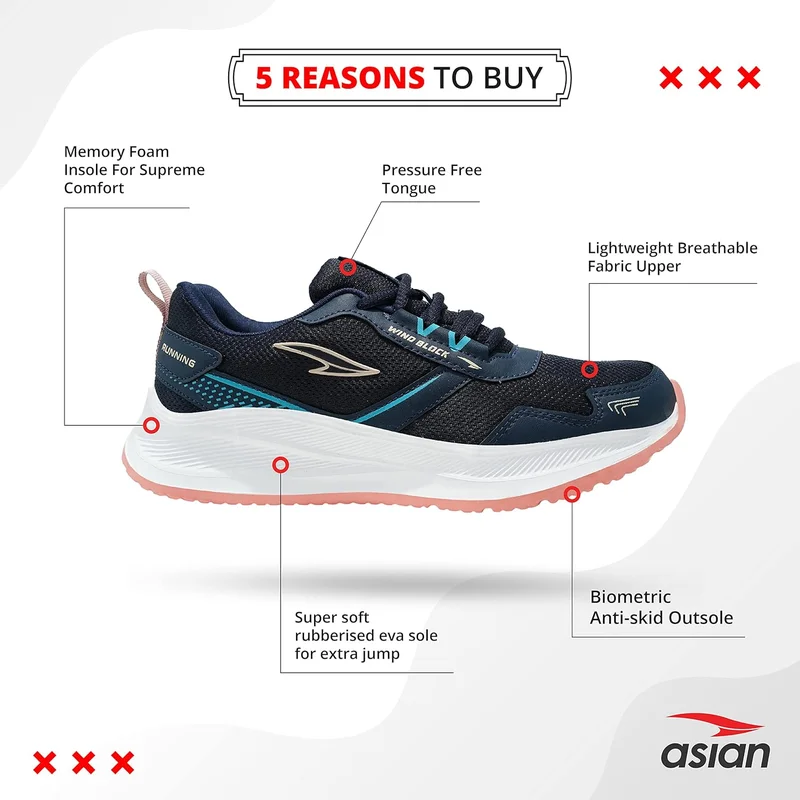 Asian Navy Blue Peach Sports Sneakers for Girls